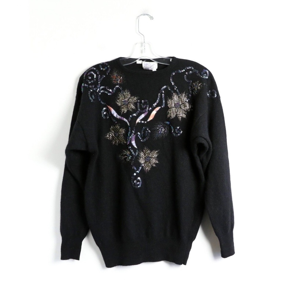 Vintage Beta’s Choice 80s 90s black beaded oversized appliqué sweater lambswool